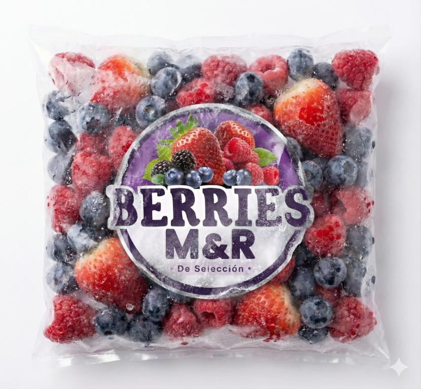 Empaque de Mix de Berries IQF de Berries M&R mostrando la fruta suelta